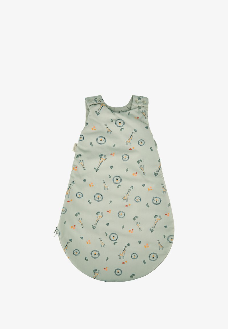 Hellgrüner Schlafsack mit Giraffen- und Löwenmotiven, abgerundetem Boden, ärmellosem Design, Druckknopfverschlüssen an den Schultern und weicher Textur.