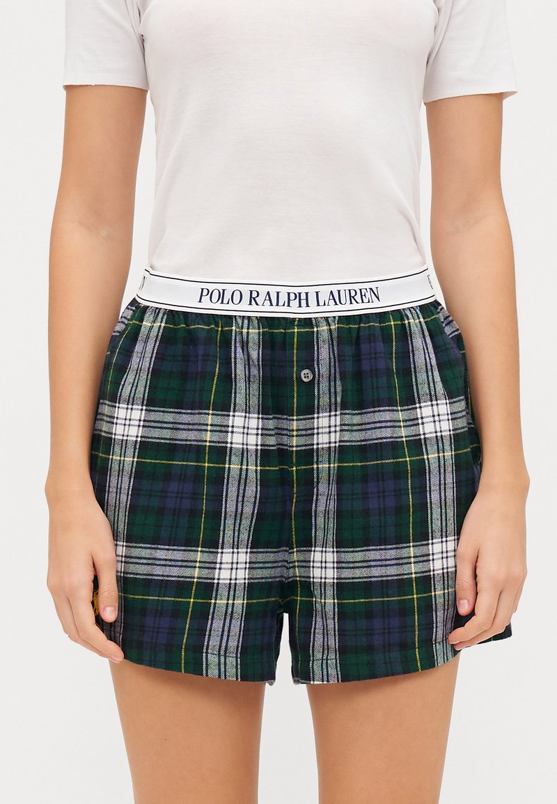 Zelené a tmavomodré kostkované boxerky s bílým elastickým pasem s logem "POLO RALPH LAUREN", detail s knoflíkem v přední části, bavlněný materiál.