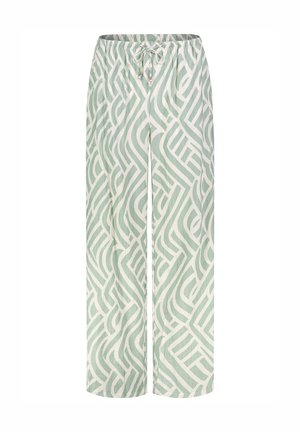 Light green wide-leg pants with white abstract geometric pattern and elastic waistband with drawstring.