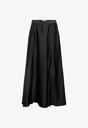 Gara melna satīna svārki ar A-siluetu, augstu jostasvietu un smalkām šuvju detaļām priekšpusē, kas plūst uz nedaudz platāku apakšu.