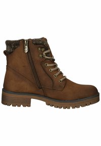 Bottines marron en suède avec un col en fausse fourrure, dotées d'une fermeture éclair sur le côté, d'un devant lacé et d'un motif de semelle robuste.