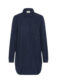 Chemise à manches longues marine avec col boutonné, poche avant et poignets à bouton. Fabriquée dans un tissu texturé avec un ourlet droit.