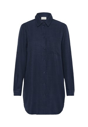 Chemise à manches longues marine avec col boutonné, poche avant et poignets à bouton. Fabriquée dans un tissu texturé avec un ourlet droit.