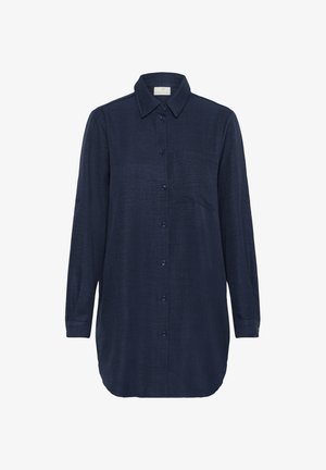 Camicia a maniche lunghe blu navy con colletto abbottonato, tasca frontale e polsini abbottonati. Realizzata in un tessuto testurizzato con orlo dritto.