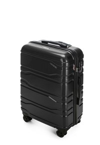 Zwarte harde koffer met een gestructureerd oppervlak, diagonale groeven, zijhandgreep, dubbele wielen en een ritsluiting. Compact en stevig ontwerp.