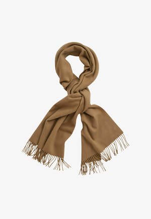 Bruine wollen sjaal met franjes aan de uiteinden, losjes geknoopt, weergegeven tegen een witte achtergrond.