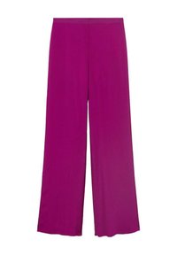 Wide-leg broek in heldere magenta, met een gladde textuur en een elastische tailleband voor comfort. Geen zichtbare patronen of accenten.