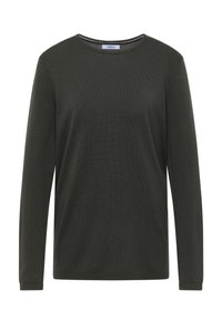 Bluzka z długim rękawem i okrągłym dekoltem w ciemnozielonym kolorze, wykonana z dzianiny o gładkiej fakturze z subtelnym prążkowaniem na mankietach.