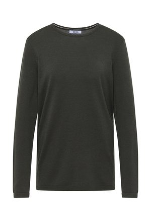Långärmad tröja med rund hals i mörkgrön färg, tillverkad av stickat tyg med en slät yta och subtila ribbade detaljer vid ärmsluten.