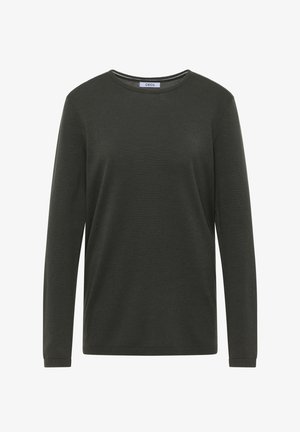 Dlouhý rukáv, vrchní díl s kulatým výstřihem v tmavě zelené barvě, vyrobený z pletené látky s hladkou strukturou a jemným žebrovaným detailem na manžetách.