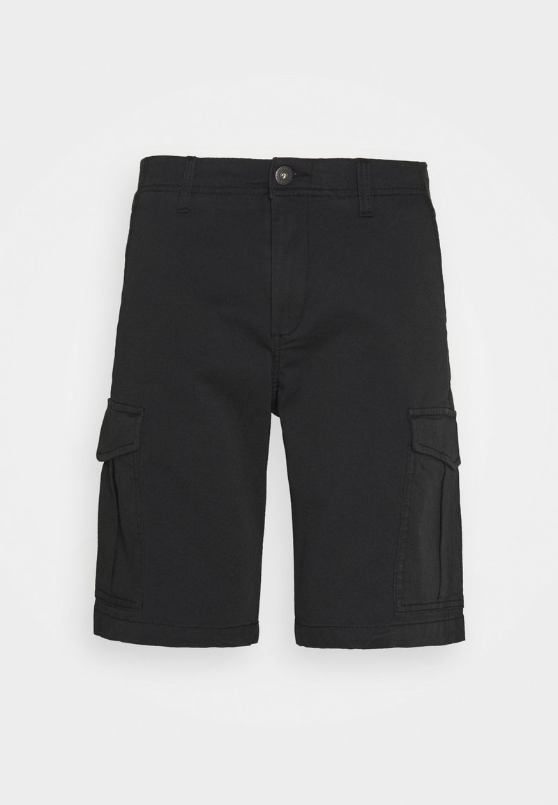 Shorts cargo noirs en tissu mélangé coton, avec poches latérales, fermeture à bouton et design à jambe droite.