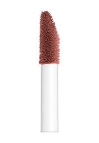 Mascara con un tubo cilindrico bianco e un applicatore rosa bruno texturizzato. L'applicatore presenta setole lunghe a forma affusolata.