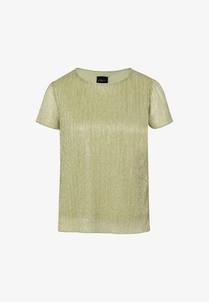 Kurzärmelige, hellgrüne Bluse mit metallisch strukturierter Oberfläche, rundem Ausschnitt und schwarzem Markenetikett im Krageninnenteil.