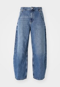 Light blue denim jeans featuring a loose, wide-leg design, with a high waist, five pockets, and visible stitching details.
