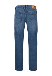 Denim jeans in een mediumblauwe tint, met een rechte snit, twee achterzakken en een leren label op de tailleband. Soepele textuur.