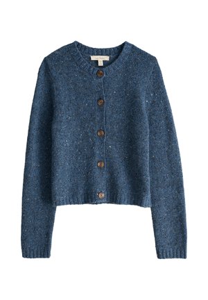 Blauwe geblokte brei cardigan met ronde hals, lange mouwen, geribbelde manchetten en zoom, en vijf bruine knopen aan de voorkant.