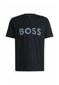 T-shirt en coton noir à manches courtes, avec un grand logo "BOSS" en relief gris sur le devant. Design simple à col rond.