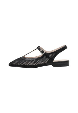 Bailarina slingback negra de punta puntiaguda, con tira en T y superposición de malla con patrón de diamantes, con una pequeña hebilla en el lateral.