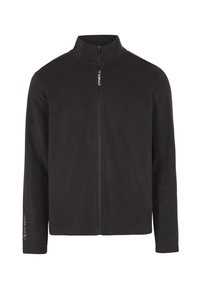 Schwarze Fleecejacke mit hohem Kragen, durchgehendem Reißverschluss und Bündchen mit Polartec-Branding am linken Ärmel.