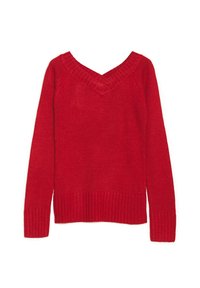 Suéter de punto rojo con escote en V, mangas largas, puños y dobladillo acanalados. Textura suave con un ajuste ligeramente holgado.