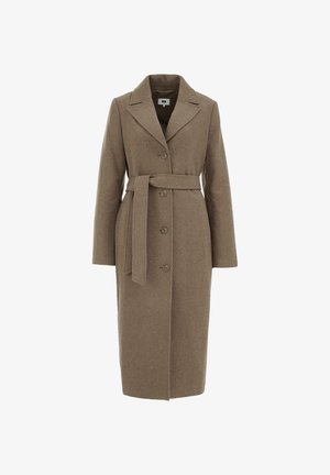 Brązowy płaszcz z mieszanki wełny o dopasowanym kroju, z długimi rękawami, klapami, zapięciem na guziki oraz pasującym paskiem w talii.