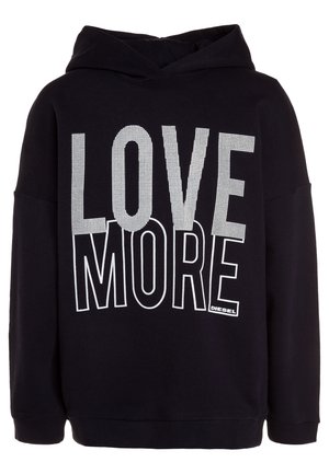 Zwarte hoodie met witte tekst "LOVE MORE". Heeft een gemakkelijk zittend ontwerp en een geribbelde zoom. De stof lijkt zacht en comfortabel.