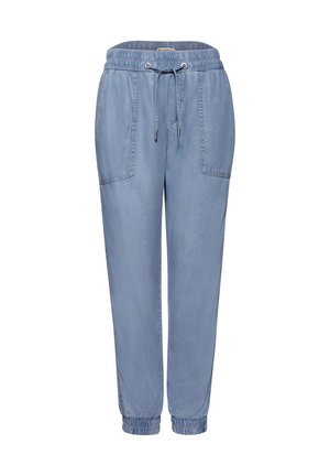 Lyseblå afslappede bukser med elastik i taljen, snøre, store forlommer og elastiske manchetter ved anklerne.