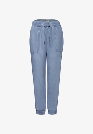 Lyseblå afslappede bukser med elastik i taljen, snøre, store forlommer og elastiske manchetter ved anklerne.