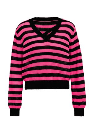Pink and black striped knit sweater with a v-neck, cropped design, and ribbed cuffs and hem. Soft texture with a lightweight appearance.