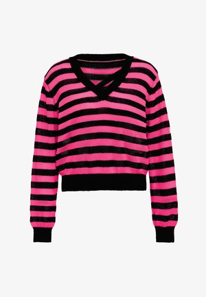 Pink and black striped knit sweater with a v-neck, cropped design, and ribbed cuffs and hem. Soft texture with a lightweight appearance.