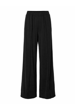Zwarte wijde broek met elastische tailleband en verticale plooien aan de voorkant, weergegeven op een witte achtergrond.