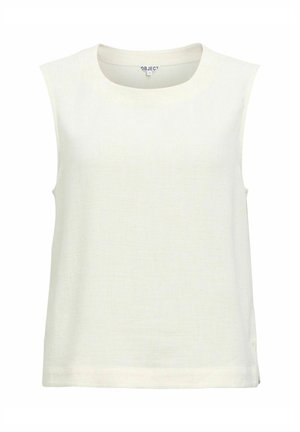 Haut blanc tricoté sans manches avec encolure ronde et petite fente latérale, design simple, étiqueté "OBJECT".