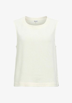 Haut blanc tricoté sans manches avec encolure ronde et petite fente latérale, design simple, étiqueté "OBJECT".