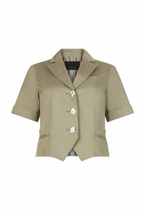 Rövid ujjú khaki zakó bevágott gallérral, három fehér gombbal és két első zsebbel.