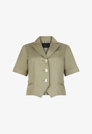 Rövid ujjú khaki zakó bevágott gallérral, három fehér gombbal és két első zsebbel.