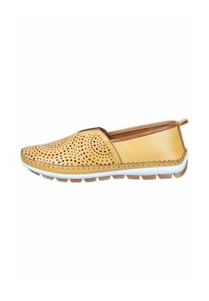Yellow slip-on shoe with perforated design on top, brown stitching along sides, white sole, and tan rubber tread bottom.