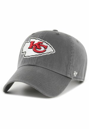 Gray baseball cap with Kansas City Chiefs logo in red and white on front and small white ’47’ logo on side.