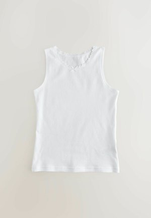 Canottiera in cotone bianco con scollo a scallop, caratterizzata da un piccolo dettaglio a fiocco sul davanti. Nessun motivo o accentuazione aggiuntiva.