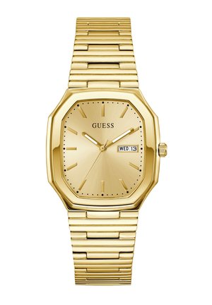 Montre octogonale dorée avec un bracelet métallique, dotée d'un cadran minimaliste, d'aiguilles dorées et d'un affichage de la date pour mercredi 13.