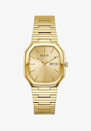 Gold octagonal watch with a metallic band, featuring a minimalistic dial, gold hands, and a date display for Wednesday the 13th.