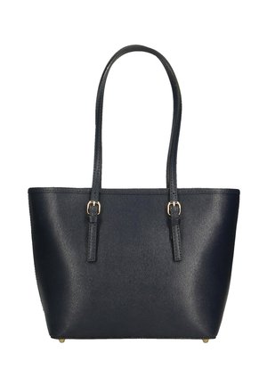 Sac fourre-tout en cuir noir avec deux bretelles réglables et des accents de boucles dorées, forme rectangulaire structurée.