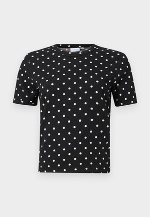 Czarna, krótka koszulka z rękawami z ryżowym splotem i białymi kropeczkami, z okrągłym dekoltem i dopasowanym krojem.