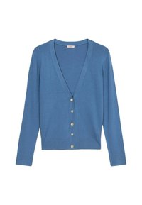 Blauer Cardigan aus weichem Stoff, mit V-Ausschnitt, langen Ärmeln und sechs runden Knöpfen auf der Vorderseite. Schlichtes, strukturiertes Design.
