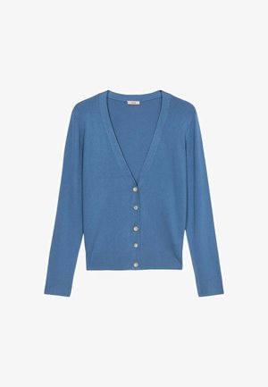 Cardigan azul hecho de tela suave, con escote en V, mangas largas y seis botones redondos en la parte delantera. Diseño simple y texturizado.