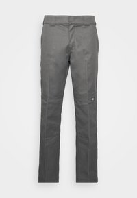 Pantalon de travail gris à jambes droites avec panneaux renforcés aux genoux et passants pour ceinture, présenté sur un fond blanc.