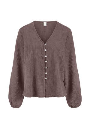 Braune Bluse mit langen Ärmeln aus strukturiertem Stoff, V-Ausschnitt, gerafften Bündchen und einer Reihe von sieben weißen Knöpfen an der Vorderseite.