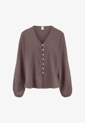 Braune Bluse mit langen Ärmeln aus strukturiertem Stoff, V-Ausschnitt, gerafften Bündchen und einer Reihe von sieben weißen Knöpfen an der Vorderseite.