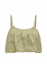 Top in cotone verde chiaro con spalline regolabili, caratterizzato da pieghe e ricami floreali intricati per un tocco di texture e dettaglio.