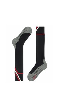 Chaussettes noires et grises avec une texture côtelée, présentant un motif de rayures diagonales rouges et blanches. La chaussette gauche a un marquage "R" sur l'orteil.