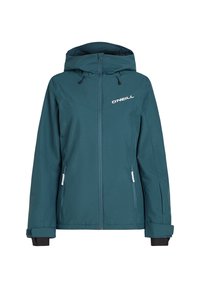 Veste à capuche Teal O'Neill avec fermeture éclair frontale, deux poches zippées, poignets ajustables et logo sur la poitrine.